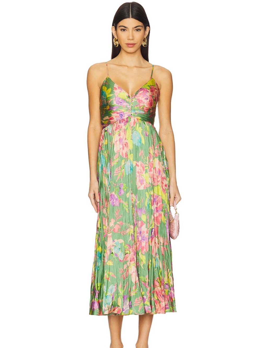 Astr Green Floral Midi Dress with Pink & Yellow Blooms